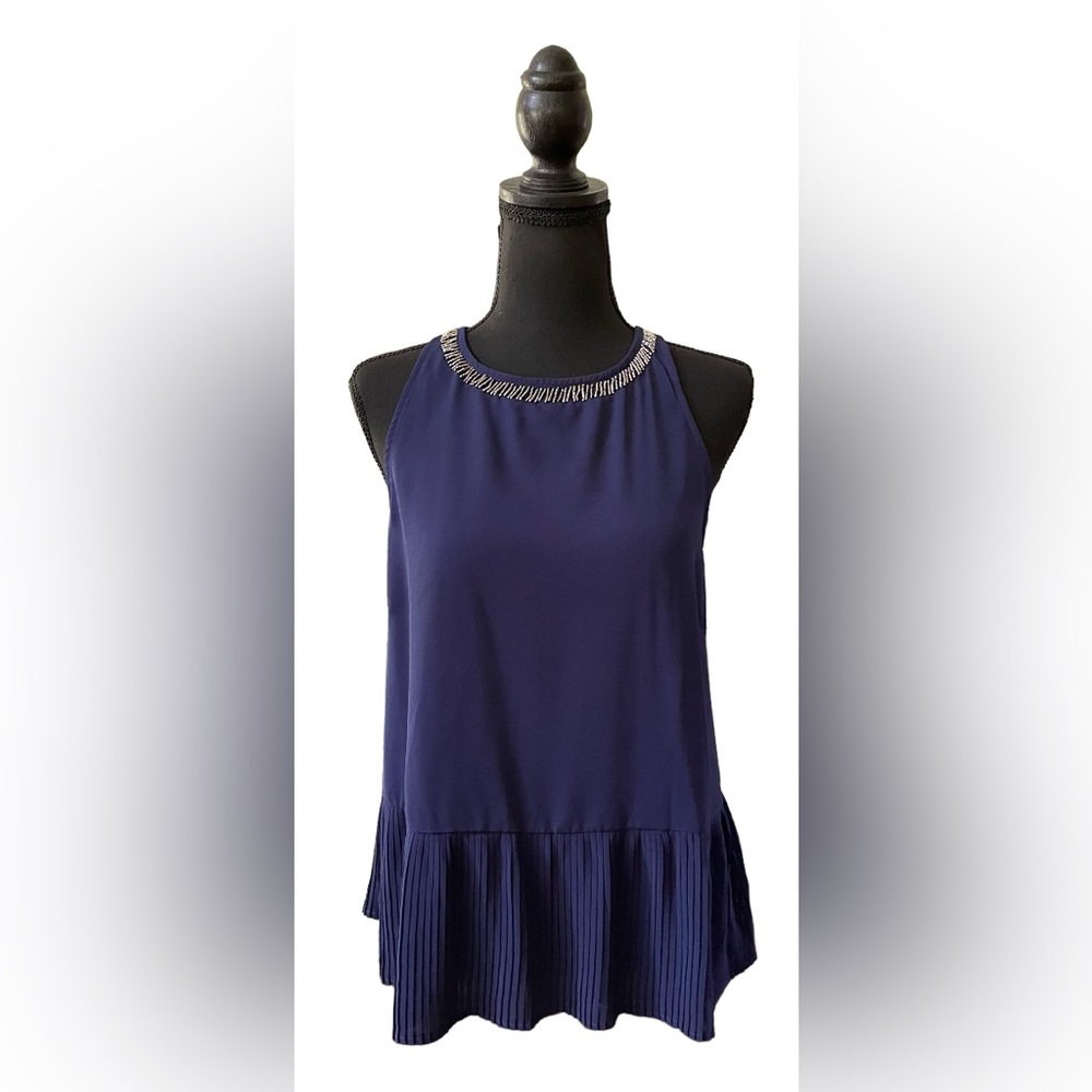 RolyPoly: Navy Blue Sleeveless Blouse with Beaded Collar Trim and Pleate…